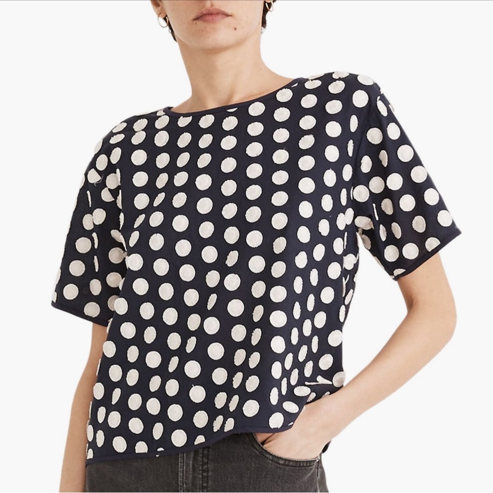 Madewell Navy White textured Polka Dot Top